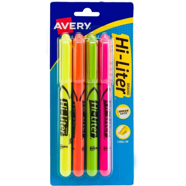 Avery Highlighters, Pen Style, Chisel Point, 4/PK, FL AST 4PK AVE23545